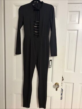 bebe Black Long-Sleeve Cutout Ladder-Front Jumpsuit